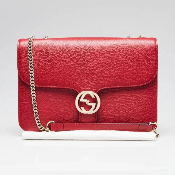 Gucci Red Pebbled Leather Interlocking G Medium Shoulder Bag - Picture 12 of 12